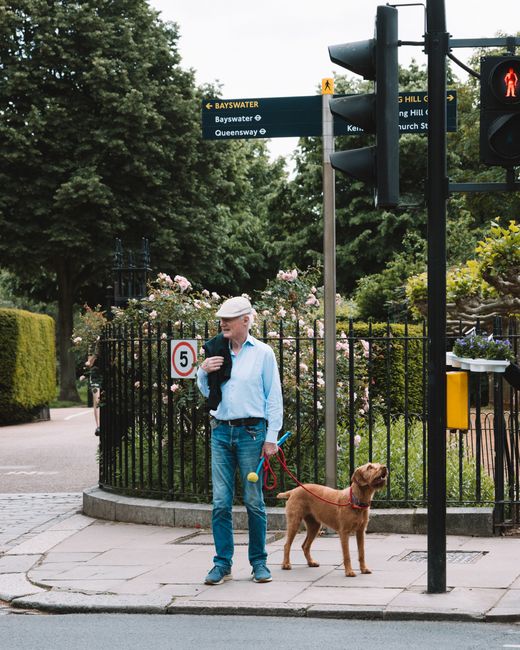A man wearing a light blue shirt, blue jeans, and a flat cap stands on a city sidewalk holding a leash attached to a brown dog, possibly a retriever breed, with a red collar. The dog is looking attent